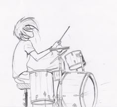 a pencil drawing of a boy playing drums