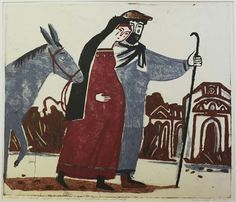 a drawing of a man standing next to a horse and holding a staff in his hand