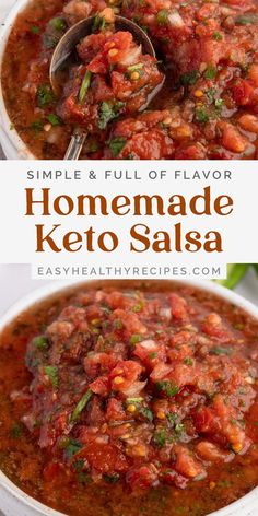 homemade keto salsa in a white bowl with a spoon and title text overlay