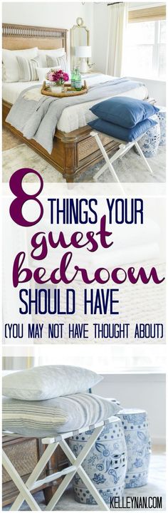 a bed with the words 8 things your guest bedroom should have you may not have thought about