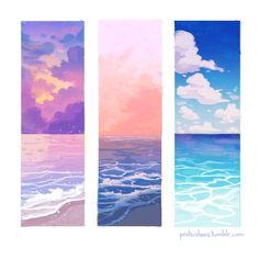 three vertical banners with the ocean and clouds in different shades of pink, purple, blue