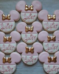 pink and gold mickey mouse cookies with name on them