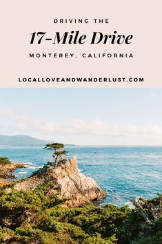 the coastline with text overlaying driving the 17 - mile drive in monterey, california