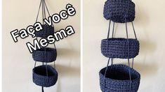 two pictures of the same hanging planter made out of crocheted yarn, with text overlay that reads fagavoce mesna