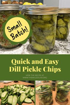 pickled cucumbers in jars with text overlay that reads quick and easy dill pickle chips