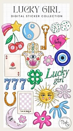 the lucky girl digital sticker collection is shown in various colors and designs, including an eye