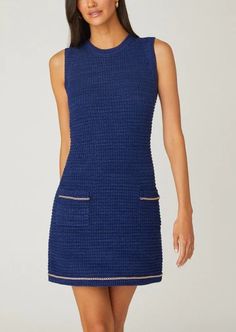 Saige Dress – Shoshanna Skirt Chain, Blue Shift Dress, Fashion 2024, Knit Mini Dress, Textured Knit, Trim Detail, Deep Blue, Shift Dress, New Dress