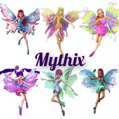 four different types of fairy tinkerbells with the words mythix above them