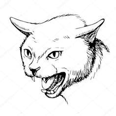 a black and white drawing of a cat's face with its mouth open stock photo