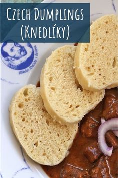 some bread and meat are on a white plate with text overlay that reads czech dumplings knedley