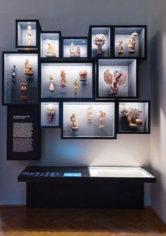 a display case filled with assorted figurines in glass cases next to a wooden floor