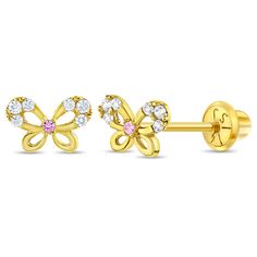 Your little girl will look sweet and pretty all day with these pair of 14k yellow gold butterfly screw back earrings. Its cute size will be suitable for your baby girl's small pierced ears. These butterfly earrings for babies to toddlers have safety screw backs for an extra comfort and security. Buy this bright and sparkling butterfly jewelry to add a little pop of color to your little girl's wardrobe. Gift box included. Age Group: Adorable for Toddlers, Little Girls to Pre-teens; Safe for Sensitive Skin Material: 14k Yellow Gold Earrings Size: 8mm x 6mm open butterfly, cubic zirconia; 7mm threaded earring post Stone: Cubic Zirconia Metal Stamp:14kGift Box Included Beautiful Stud Earrings, Baby Earrings, Thread Earrings, Butterfly Baby, Kids Earrings, Earring Post, Butterfly Jewelry, Gold Butterfly, Yellow Gold Earring