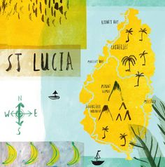 an illustrated map of the state of st lucia in yellow, green, and blue