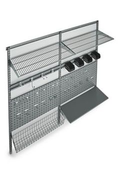 a metal shelf with four bins and two shelves on each side, holding various items