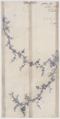 an old piece of paper with blue flowers on it and writing in black ink above the image