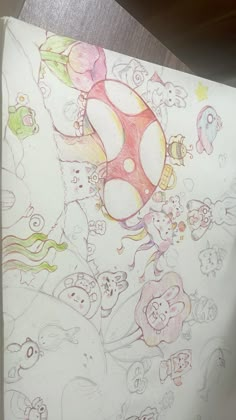 an image of a drawing on paper with animals and mushrooms in the background as well as a mushroom