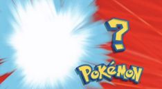 the pokemon logo is in front of a red and blue background