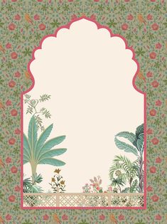 an ornate frame with tropical plants and flowers on the border is shown in this image