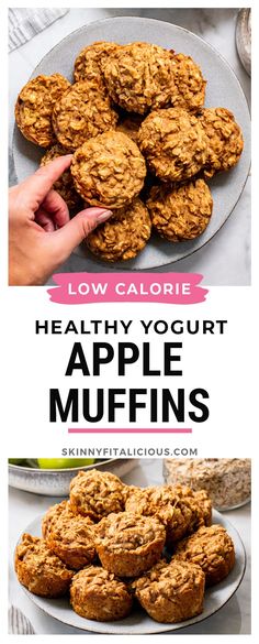 healthy yogurt apple muffins with text overlay that reads low calorie healthy yogurt apple muffins