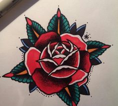 a drawing of a red rose with green leaves