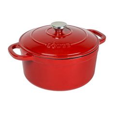 a red casserole with a lid and handle on a white background the pan is made from cast iron