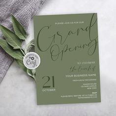 a green and white wedding card with the words grand opening on it