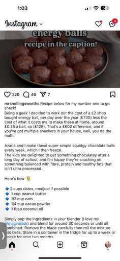 the recipe for energy balls is displayed on an iphone screen, and it appears to be in english