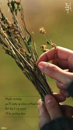 someone is holding some dried flowers in their left hand and writing on the other side