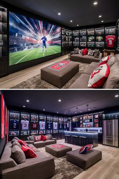 two pictures of a sports themed living room with couches and large screen televisions