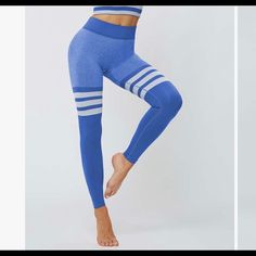 Super Comfy. White Stripes Look Amazing On. Blue High-stretch Sportswear Tights, Blue High Stretch Sportswear Tights, Fitted Blue Sportswear Tights, Sporty High Stretch Blue Tights, Fitted Blue Sports Tights, Blue Sportswear Tights For Workout, Fitted Blue Tights For Training, High Stretch Blue Athleisure Tights, Blue Stretch Tights For Training