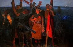 an oil painting of people holding flags in the air