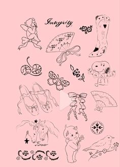 some stickers that are on the back of a pink background with words and pictures