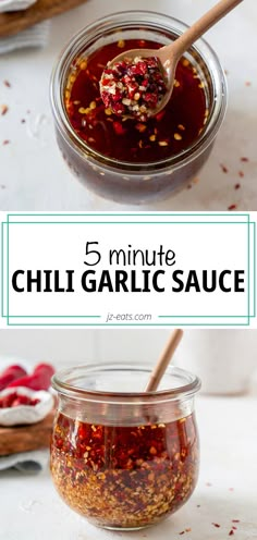 three jars filled with chili garlic sauce on top of a white table next to spoons