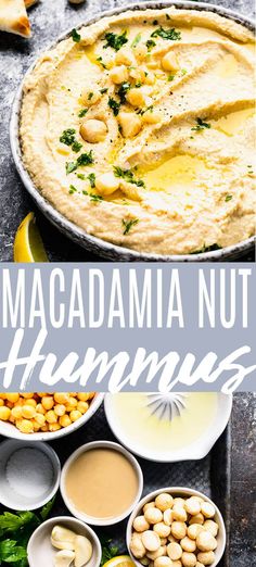 the ingredients for this macadama nut hummus are in bowls and on plates