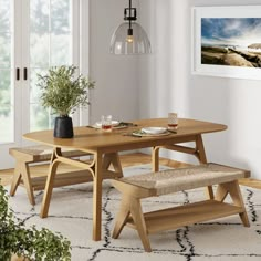 a dining room table with two benches and a potted plant on the rug next to it