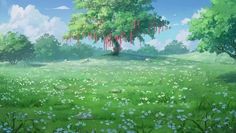 an anime scene with trees and flowers in the foreground, bluebells on the far side