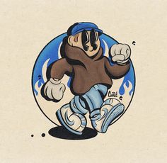 a drawing of a cartoon character running with his foot in the air and wearing a blue hat