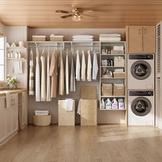 an organized laundry room with clothes and washers