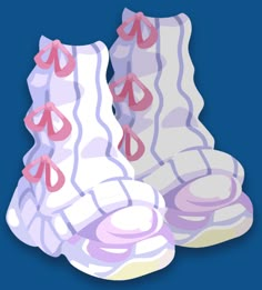 two white shoes with pink bows on them are sitting side by side against a blue background