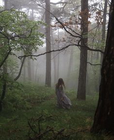 a woman in a long dress walking through the woods on a foggy, rainy day