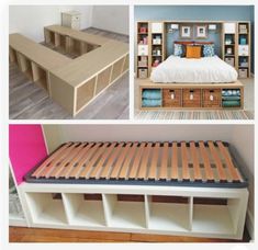 there are pictures of different beds and shelves in this room, including a bed with drawers