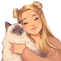 a drawing of a girl holding a cat with her arms wrapped around her chest and smiling at the camera