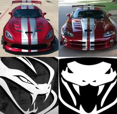 two pictures of the front and side of a red sports car with white stripes on it