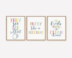 three colorful posters with the words they see, potty me and rockstar clean