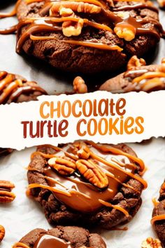 chocolate turtle cookies with caramel drizzle on top