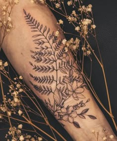 Fern Floral Tattoo | tattoo ideas by  Augustine Himes Fineline Fern Tattoo, Forearm Floral Wrap Tattoo, Fern Flower Tattoo, Floral Cover Up Tattoo, Fineline Flower Tattoo, Tattoo Fern, Fineline Floral Tattoo