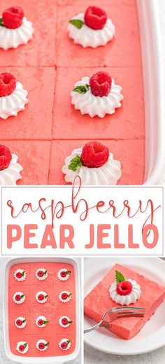 raspberry pear jello dessert with whipped cream and fresh berries