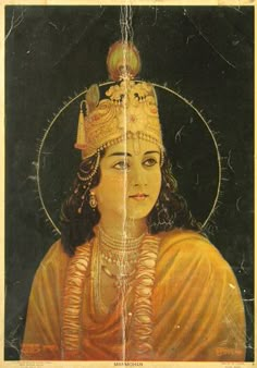 an old painting of a woman with a crown on her head and gold jewelry around her neck