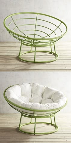 two green and white chairs sitting on top of a wooden floor next to each other