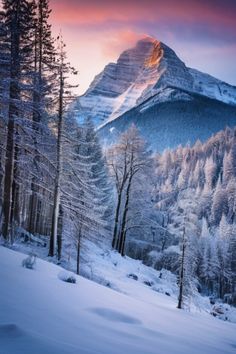 a mountain covered in snow with trees and mountains in the background at sunset or dawn